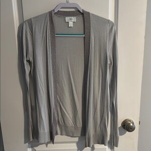 LOFT Gray Cardigan with Shimmer Trim
